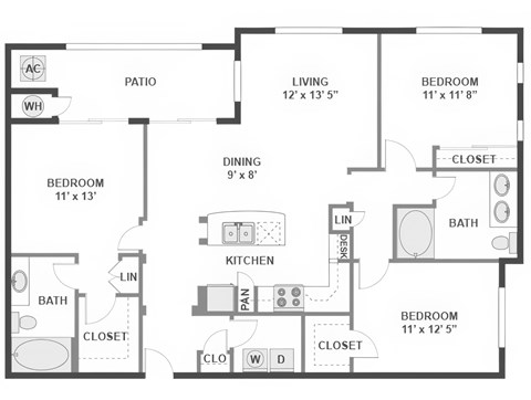 3 bed 2 bath Floor Plan | 1,375 Sq. Ft. at The Kitt at Warner Center Apartments, Woodland Hills, CA